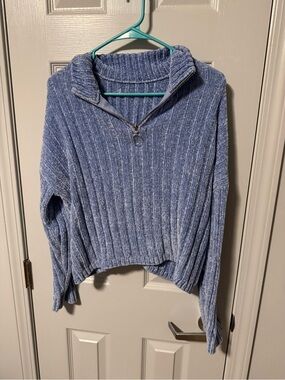 Ribbed Half-Zip Pullover Hoodie - Blue